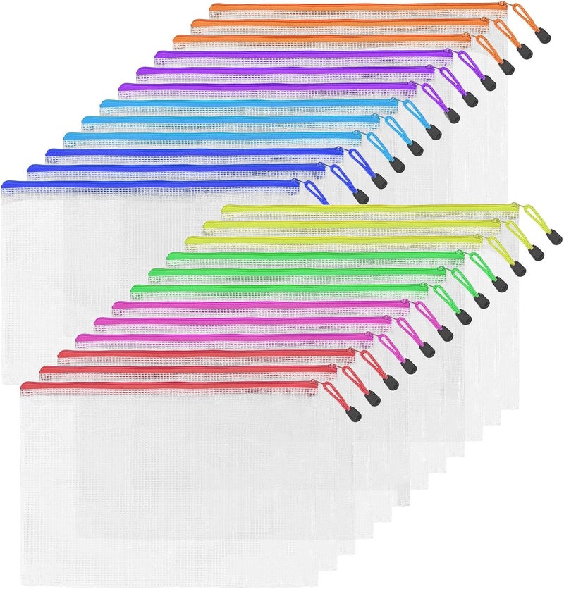 UMETDO 24pcs A4 Mesh Zipper Pouch Bags, Mesh Bags with Zipper Bulk, Pouches for Organization, Clear Storage Bags for Classroom, Travel, Office - Image 1